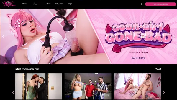 Top TS adult site Trans Angels homepage screenshot with TS cosplayer Rana Katana pleasuring herself with a penis pump